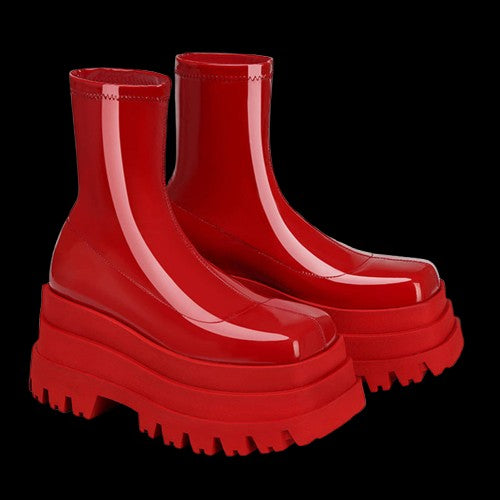 Bloodmourn Muffin Platforms – Patent Gothic Square-Toe Low Tube Boots