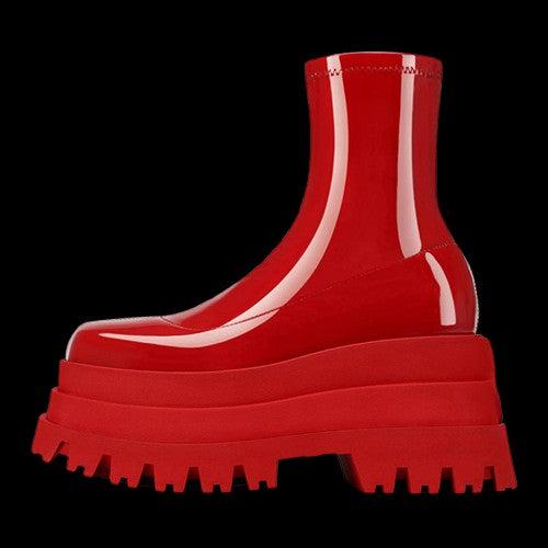 Bloodmourn Muffin Platforms – Patent Gothic Square-Toe Low Tube Boots